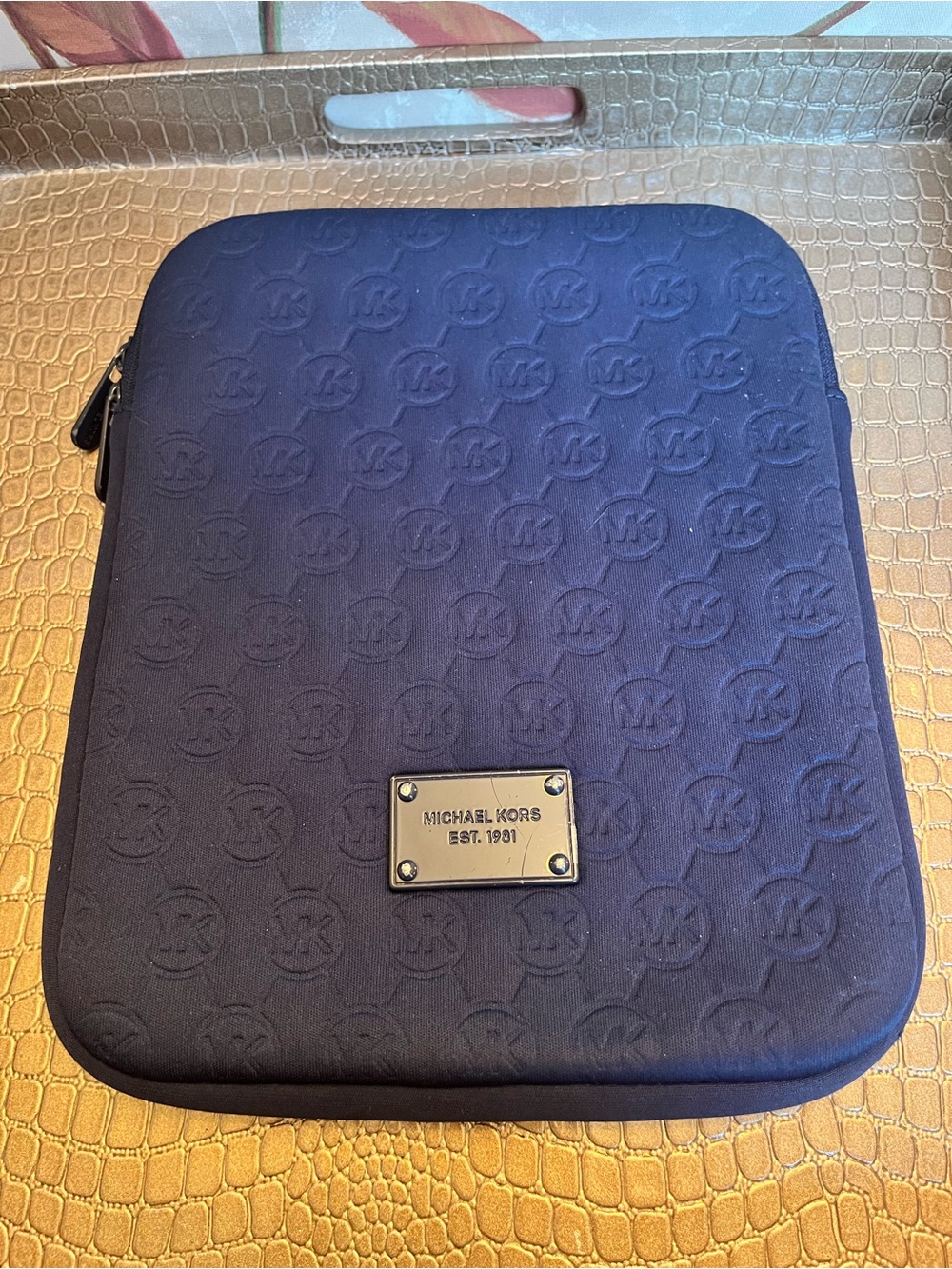Michael Kors Navy Embossed MK Tablet/Laptop Pouch with Logo Plaque